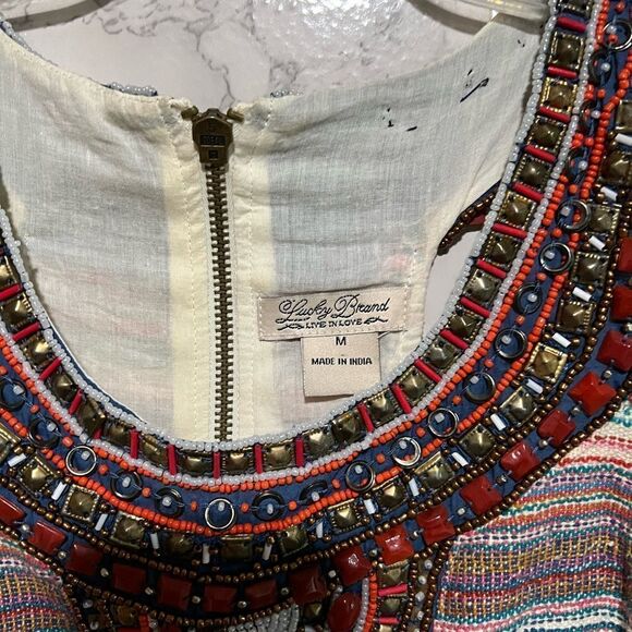 LUCKY BRAND DRESS GRECIAN BEADED COLLAR IKAT KNIT SKIRT STRIPED BODICE T BACK M - Picture 3 of 9